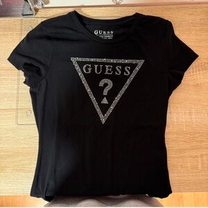 GUESS Black Tee with Rhinestone Triangle Logo